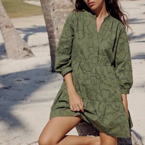 Zara Floral Eyelet Mini Dress XS Olive Green Tiered Boho Chic Casual